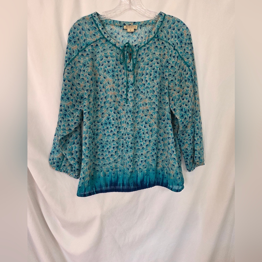 Lucky Brand Teal/Beige Patterned Sheer Summer Blouse Size M